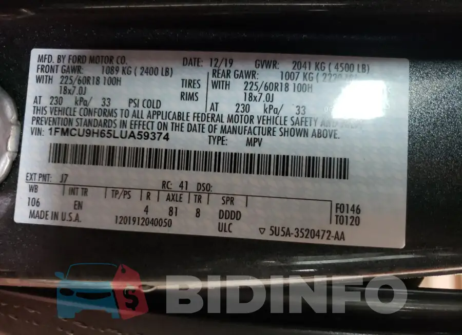 1FMCU9H65LUA59374 Photo# 13