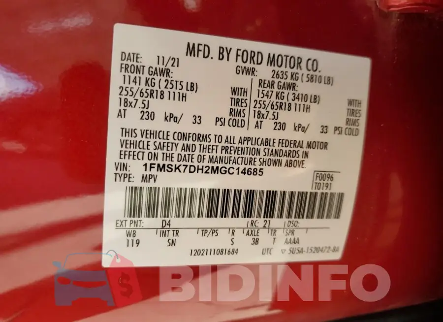 1FMSK7DH2MGC14685 Photo# 13