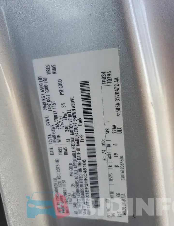 1FTEX1EP2HKC46108 Photo# 12