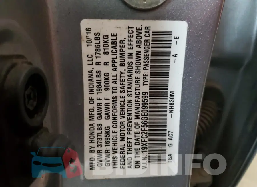 19XFC2F56GE099599 Photo# 12