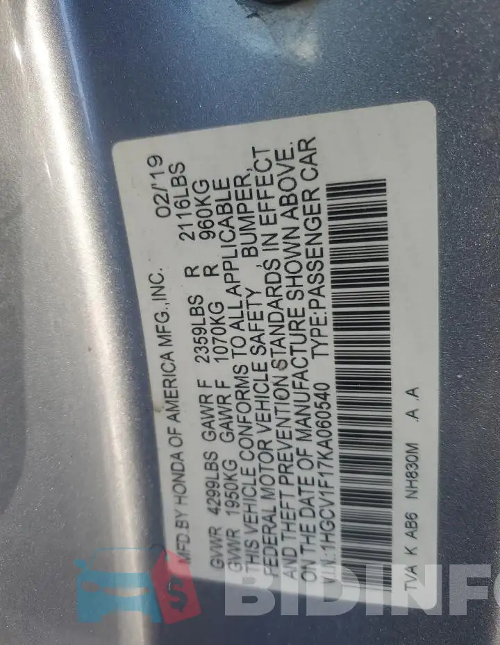 1HGCV1F17KA060540 Photo# 12