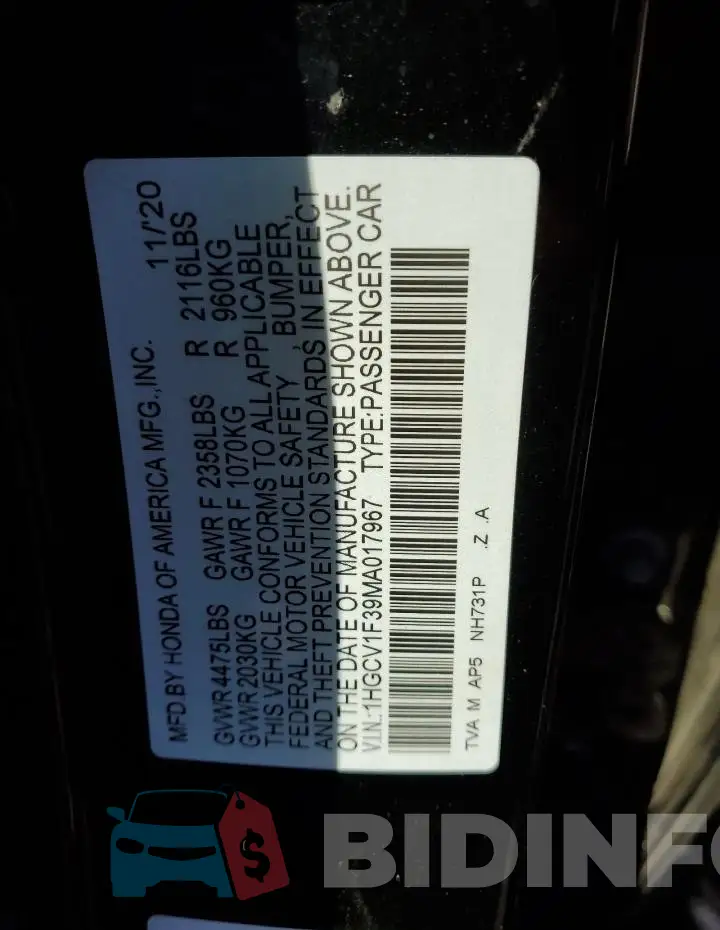 1HGCV1F39MA017967 Photo# 12