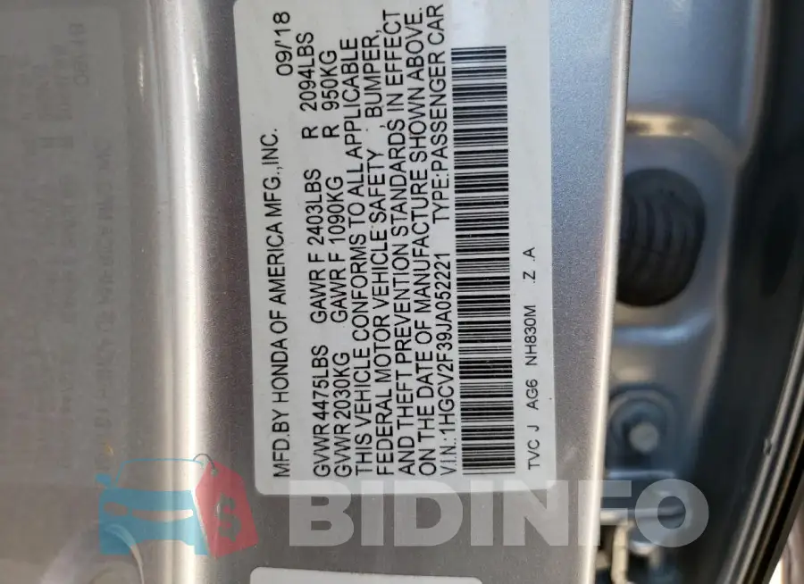 1HGCV2F39JA052221 Photo# 12