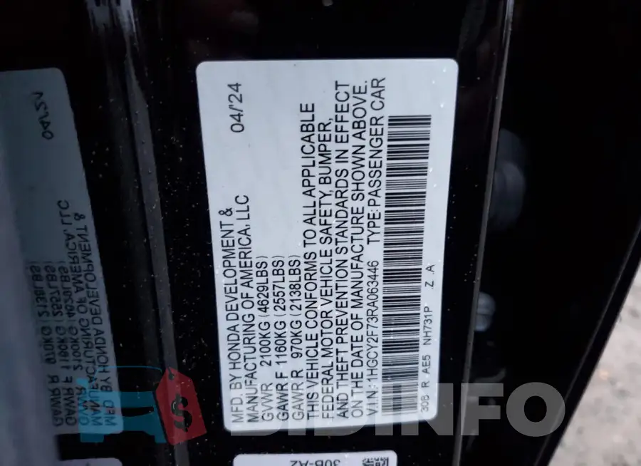 1HGCY2F73RA063446 Photo# 13