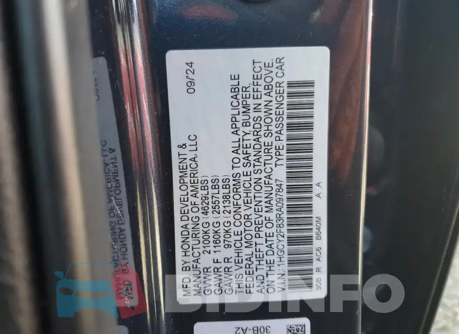 1HGCY2F83RA097847 Photo# 12