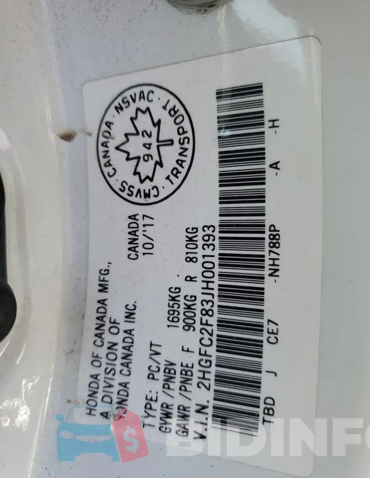 2HGFC2F83JH001393 Photo# 13