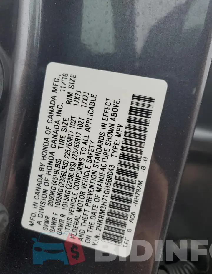 2HKRM3H71GH568043 Photo# 13
