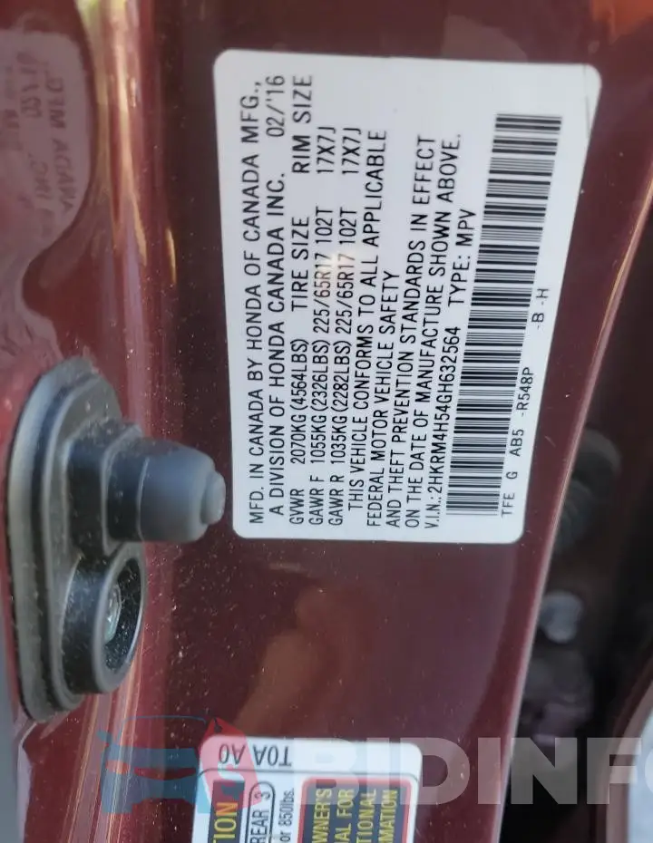 2HKRM4H54GH632564 Photo# 13