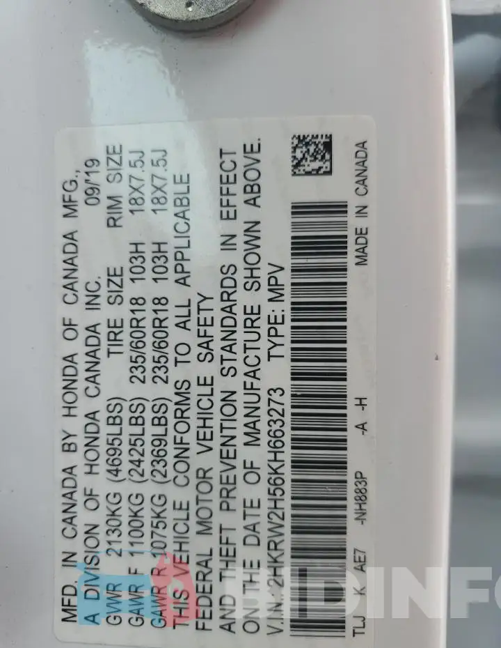 2HKRW2H56KH663273 Photo# 13