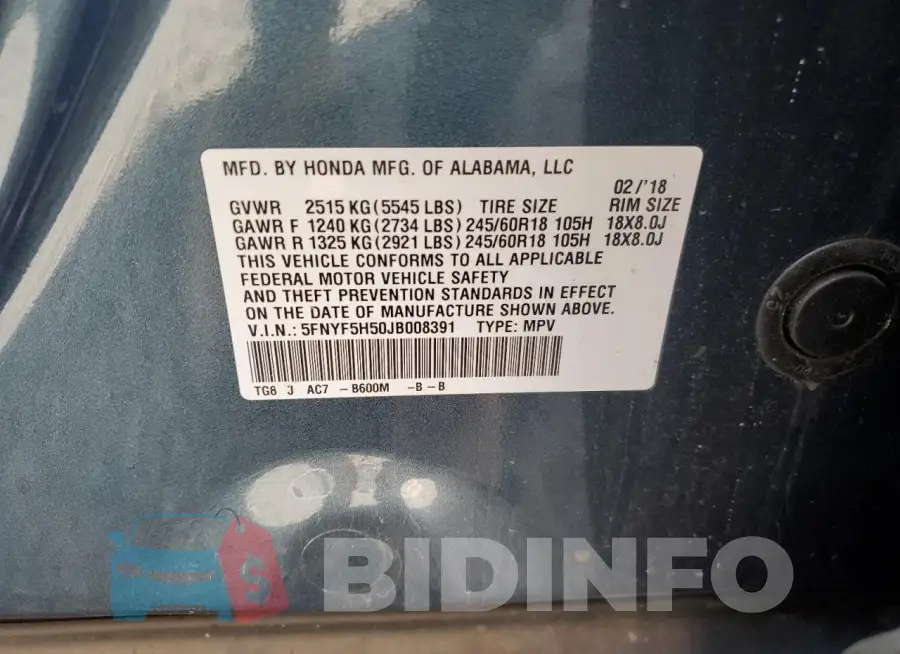 5FNYF5H50JB008391 Photo# 14