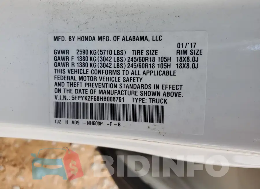 5FPYK2F68HB008761 Photo# 13