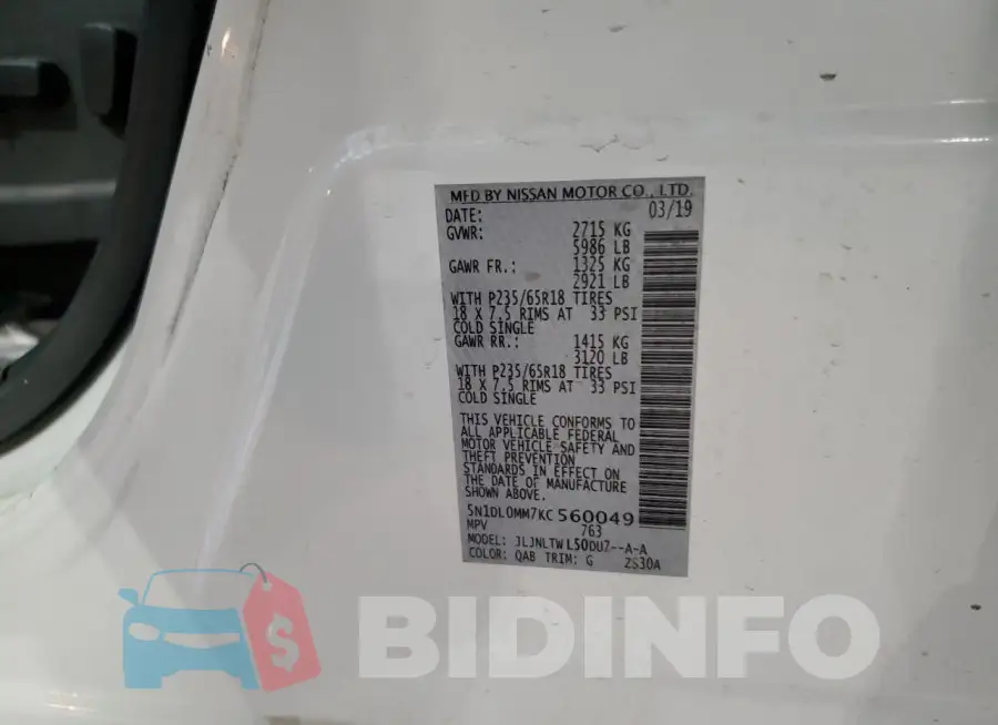 5N1DL0MM7KC560049 Photo# 13