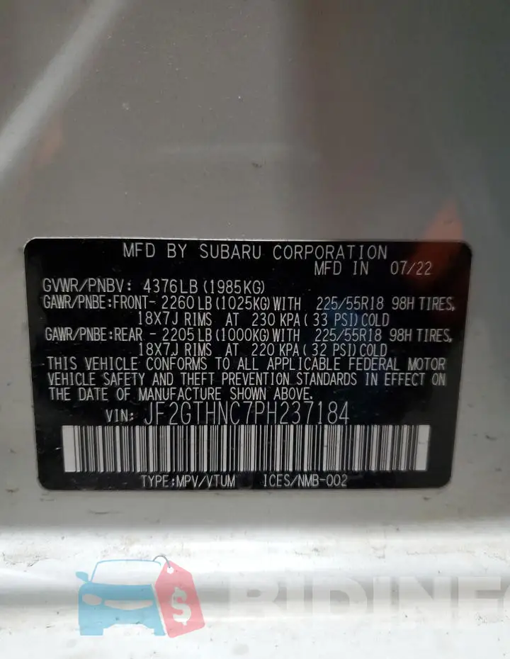 JF2GTHNC7PH237184 Photo# 14