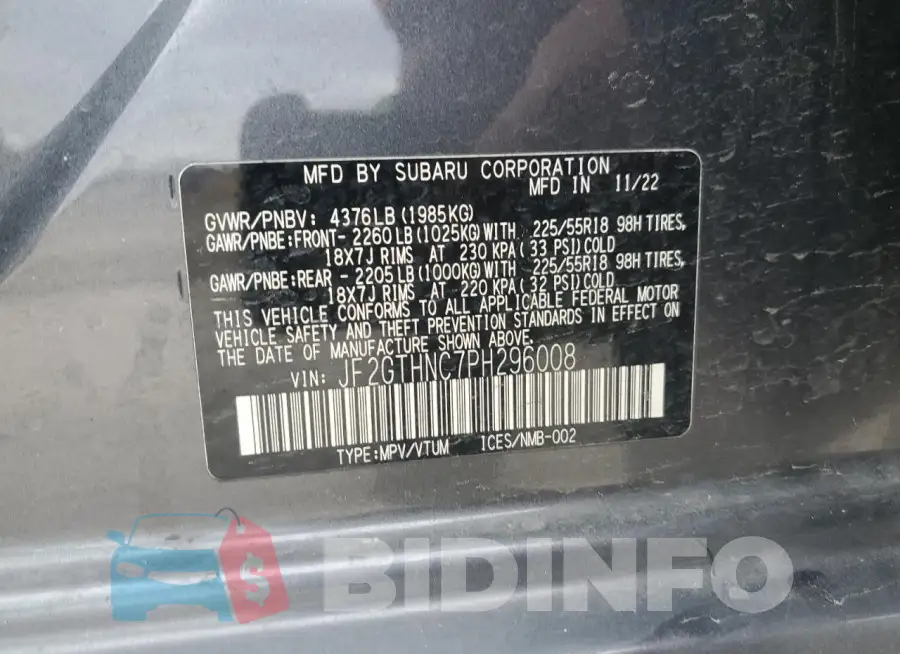 JF2GTHNC7PH296008 Photo# 13