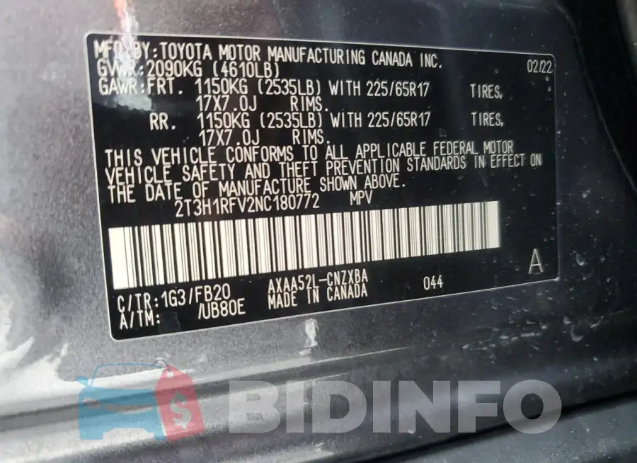 2T3H1RFV2NC180772 Photo# 13