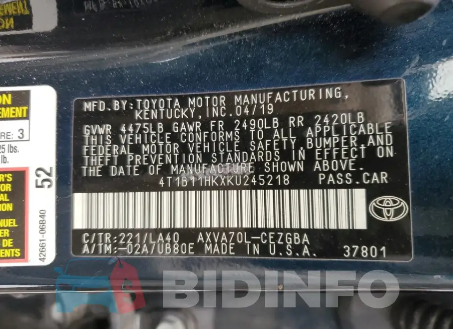 4T1B11HKXKU245218 Photo# 12