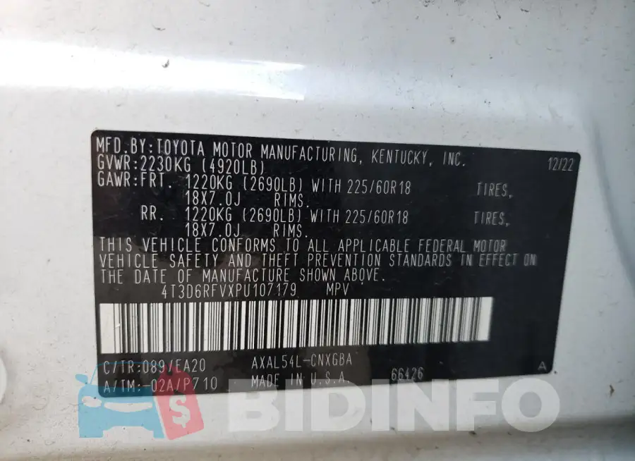 4T3D6RFVXPU107179 Photo# 13
