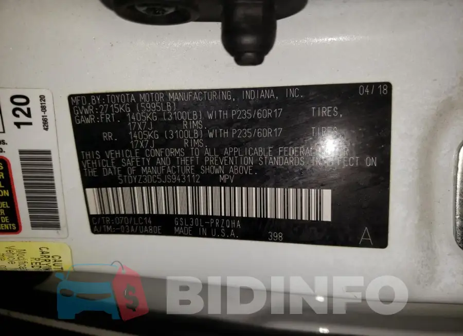 5TDYZ3DC5JS943112 Photo# 13