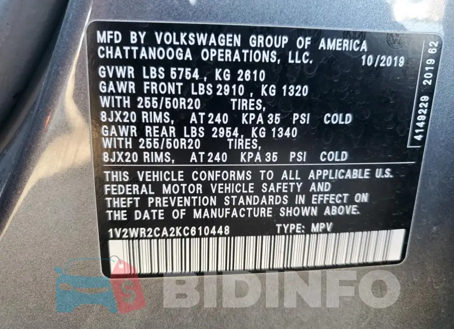 1V2WR2CA2KC610448 Photo# 13