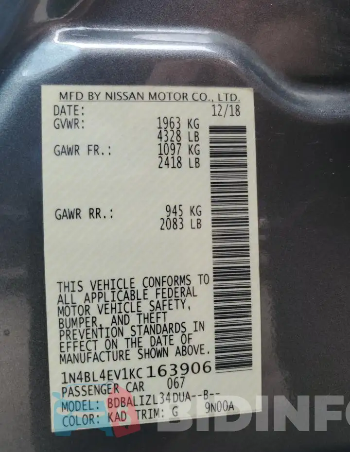 1N4BL4EV1KC163906 Photo# 13