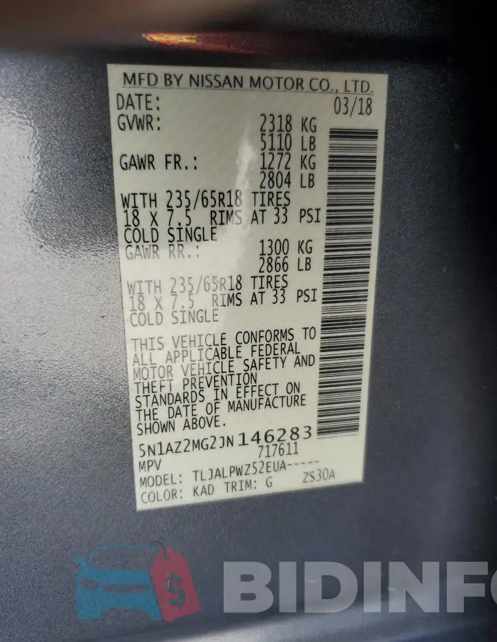 5N1AZ2MG2JN146283 Photo# 13