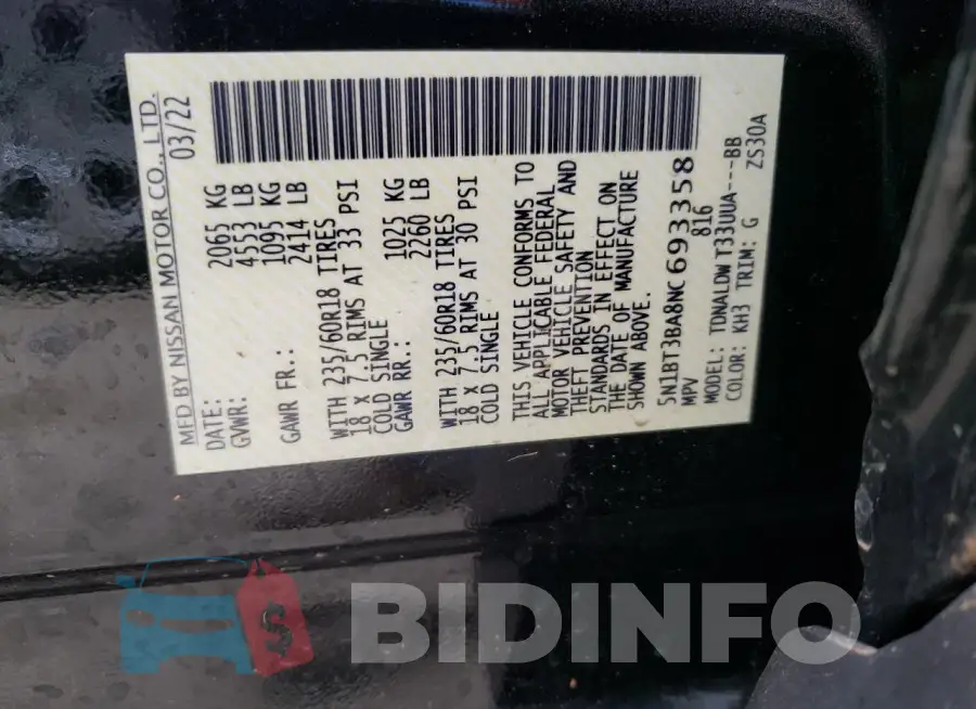 5N1BT3BA8NC693358 Photo# 14