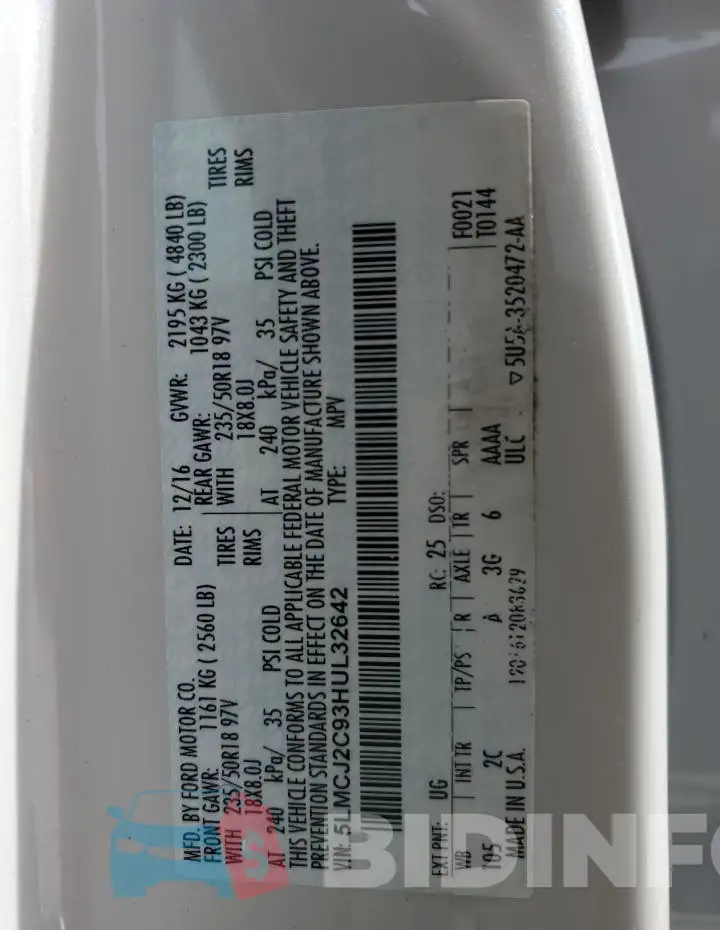 5LMCJ2C93HUL32642 Photo# 14