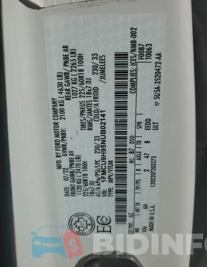 1FMCU9H95NUB02141 Photo# 13