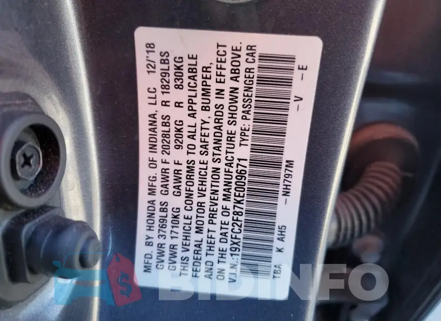 19XFC2F87KE009671 Photo# 12