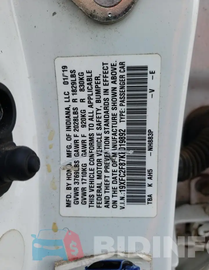 19XFC2F87KE019892 Photo# 13