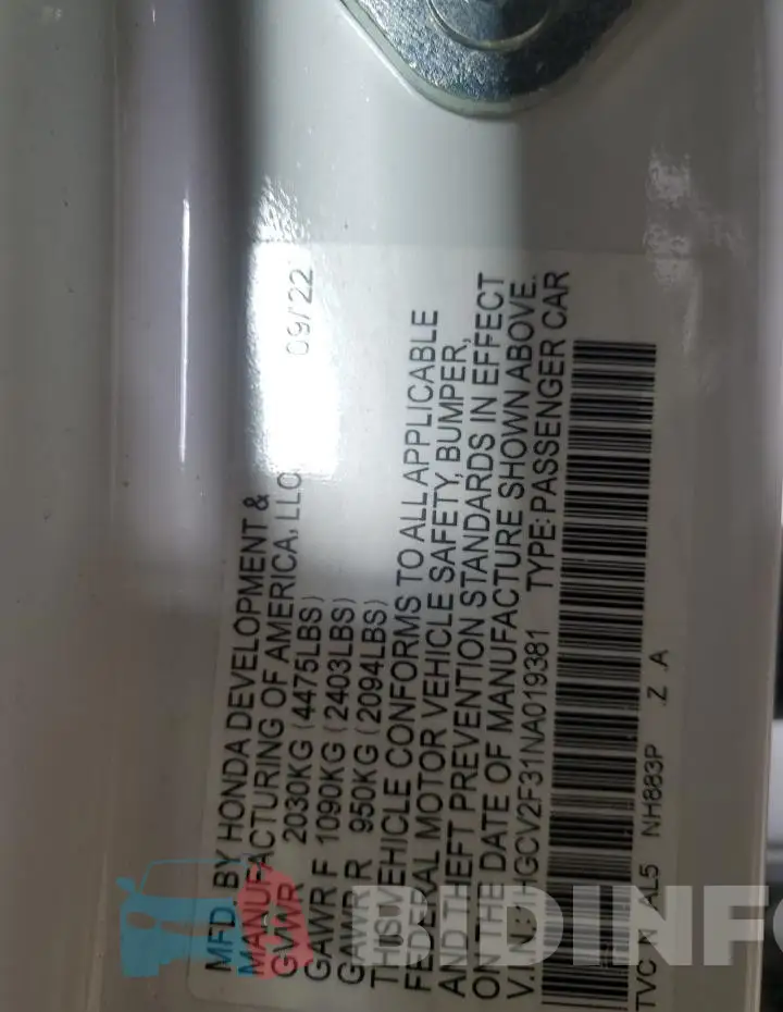 1HGCV2F31NA019381 Photo# 12