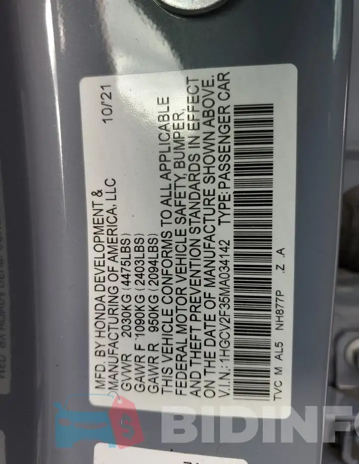 1HGCV2F35MA034142 Photo# 12