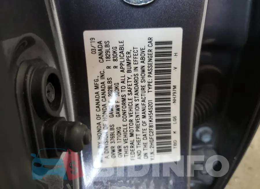 2HGFC2F81KH545201 Photo# 13