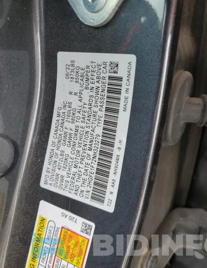 2HGFE1F72NH323279 Photo# 12