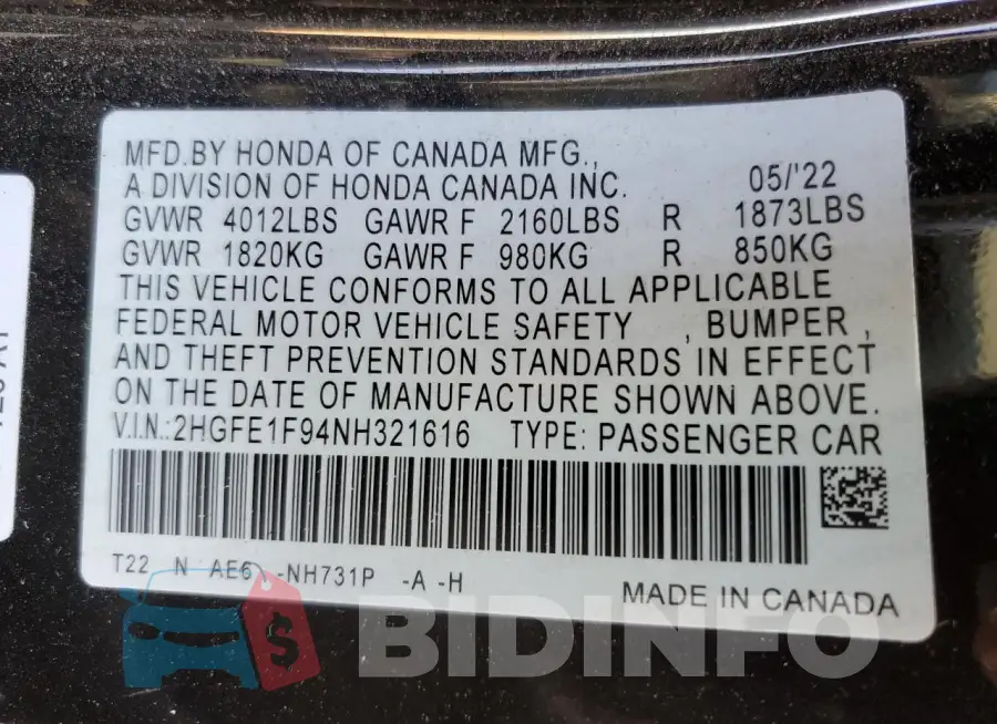 2HGFE1F94NH321616 Photo# 13