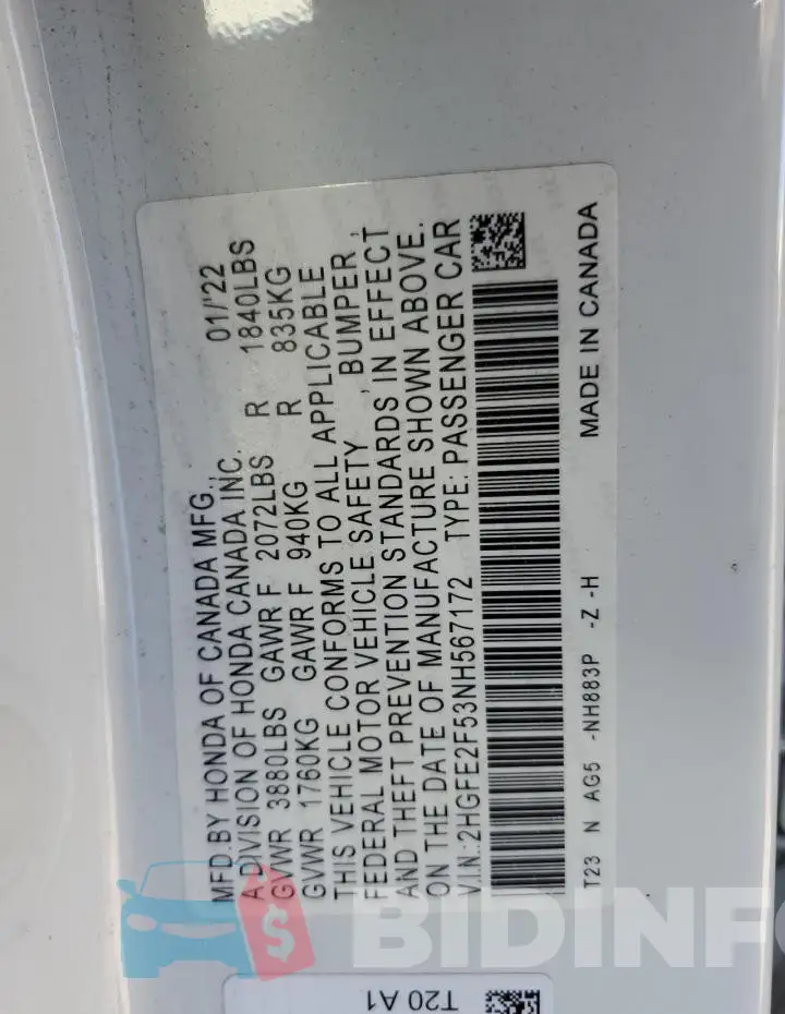 2HGFE2F53NH567172 Photo# 12