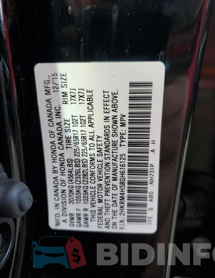 2HKRM4H58GH616125 Photo# 13
