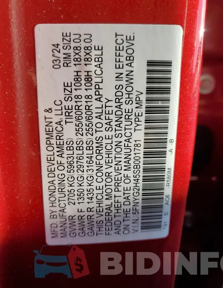 5FNYG2H45SB001781 Photo# 13