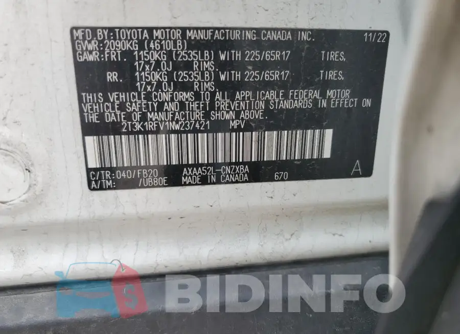 2T3K1RFV1NW237421 Photo# 13