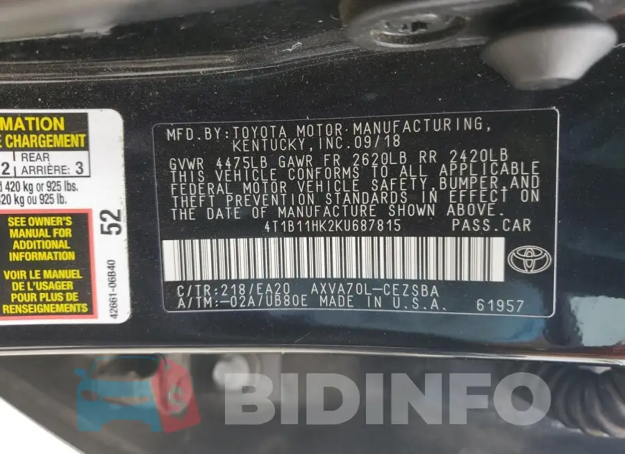 4T1B11HK2KU687815 Photo# 12