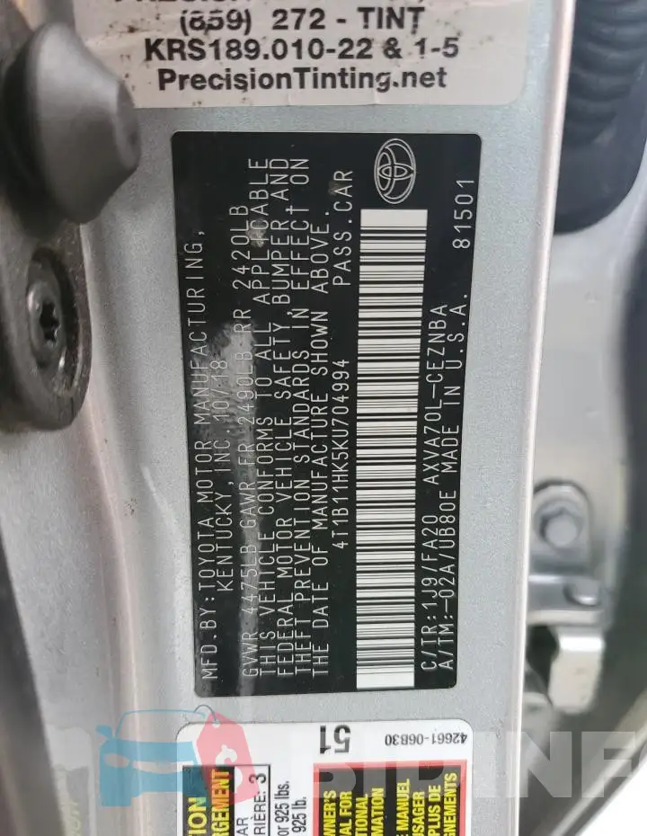 4T1B11HK5KU704994 Photo# 12