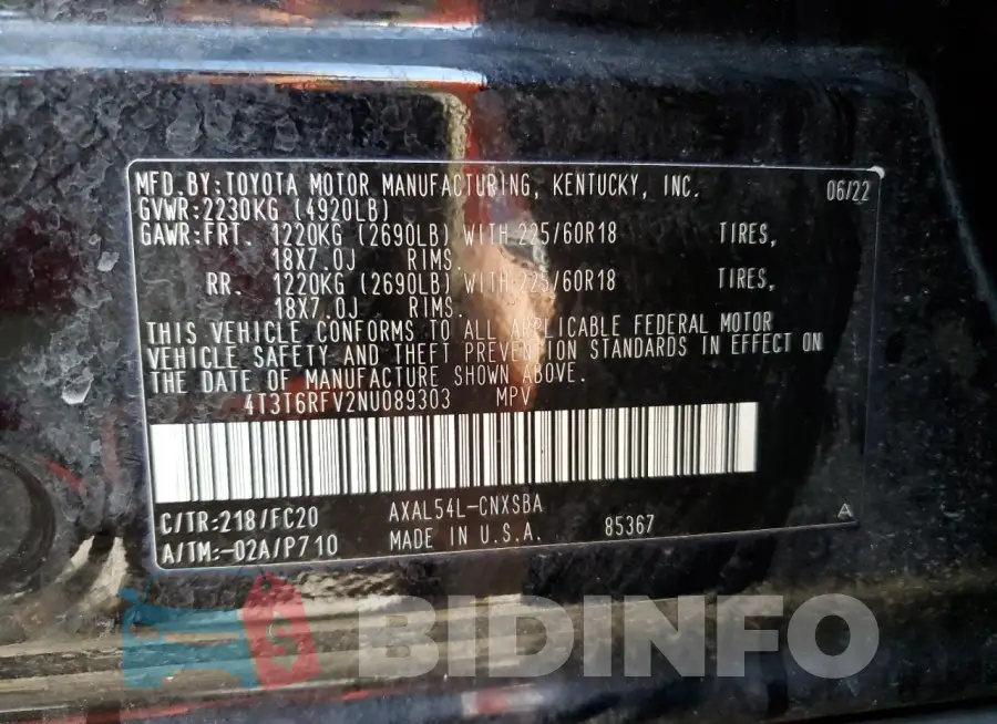 4T3T6RFV2NU089303 Photo# 13