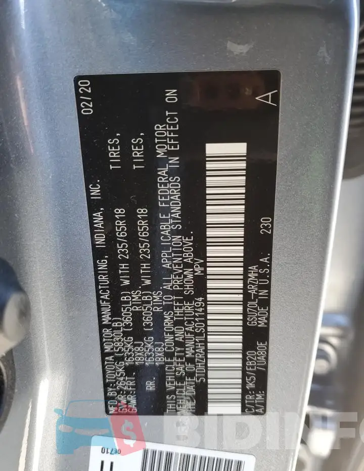 5TDHZRAH1LS011494 Photo# 13