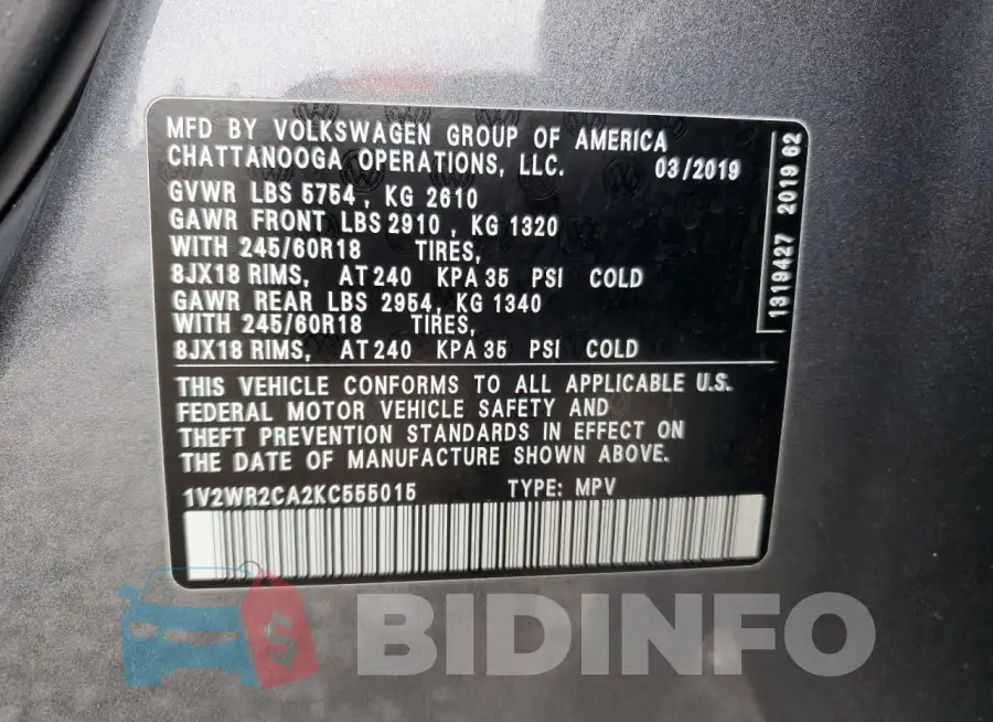 1V2WR2CA2KC555015 Photo# 13