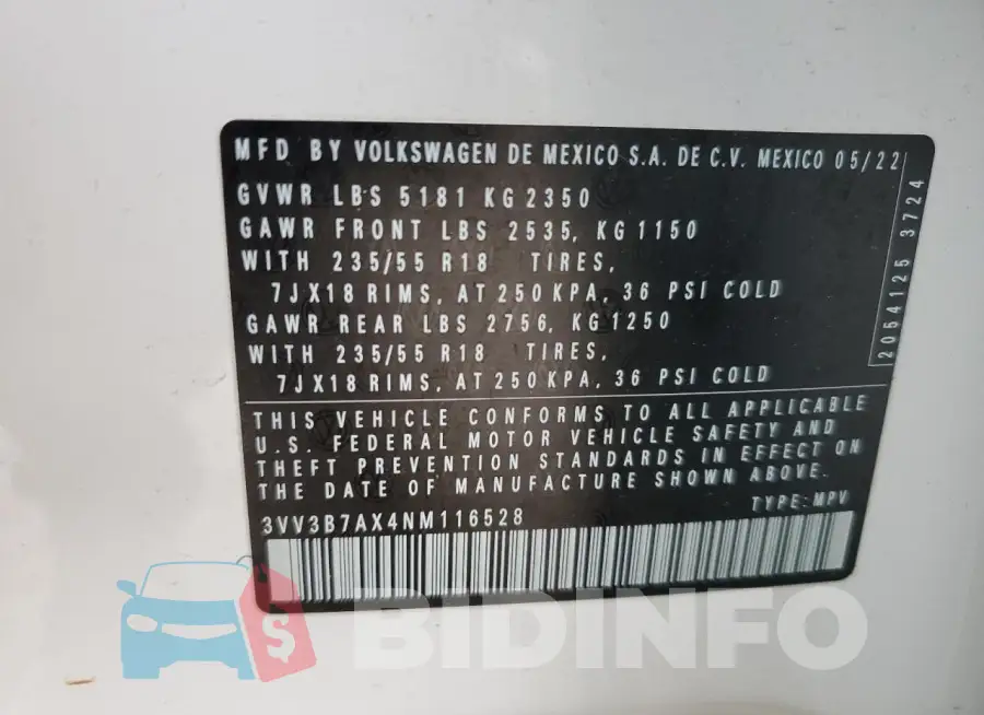 3VV3B7AX4NM116528 Photo# 13