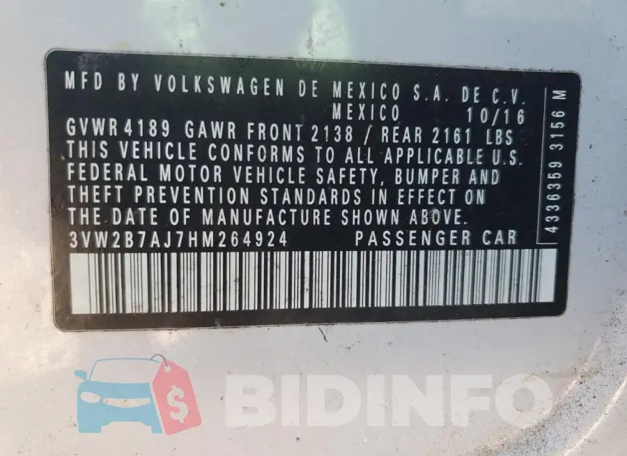 3VW2B7AJ7HM264924 Photo# 13