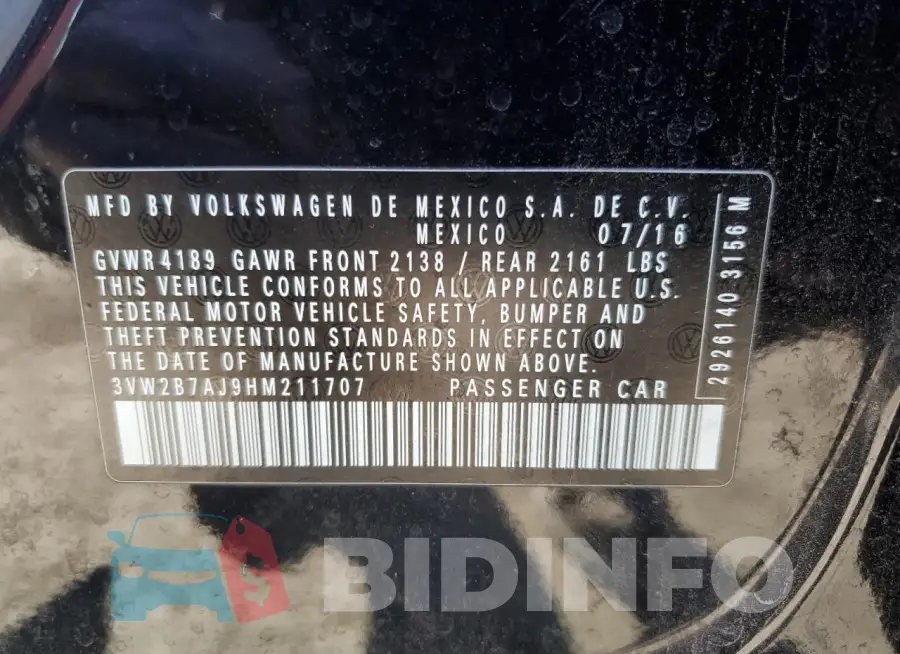 3VW2B7AJ9HM211707 Photo# 12