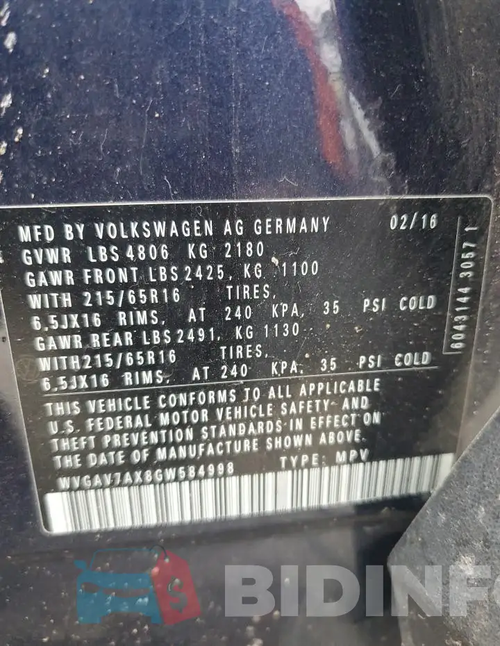 WVGAV7AX8GW584998 Photo# 13