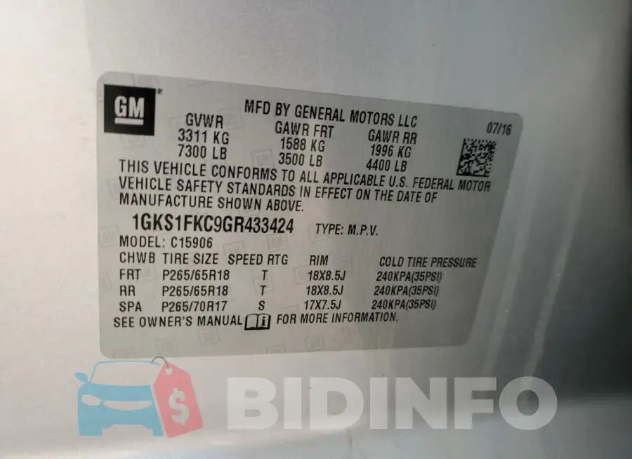 1GKS1FKC9GR433424 Photo# 13