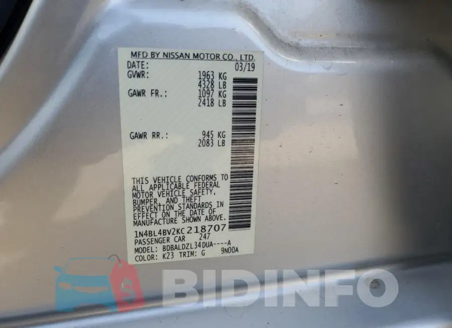 1N4BL4BV2KC218707 Photo# 12